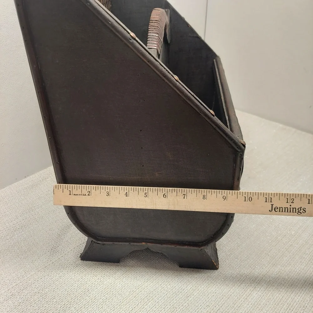 Large Wood Woven Wicker Ratan Magazine Rack Brown Metal Studded Floor Caddy